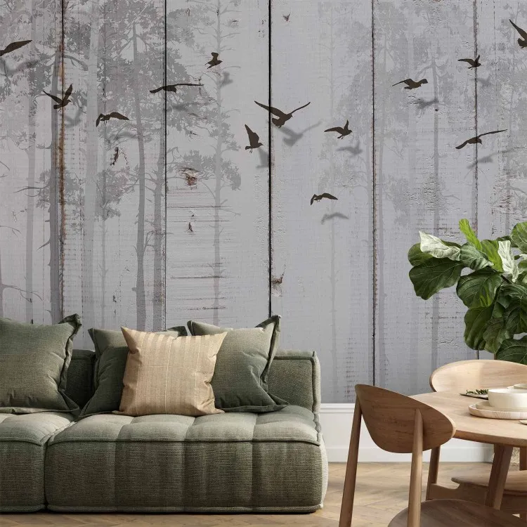 Minimalistisches Motiv - Vögel auf weißem Hintergrund mit Holztextur