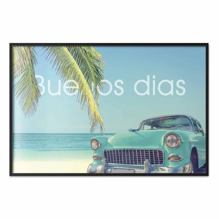 Guten Morgen - Blaues Retro-Auto vor Palme und blauem Himmel