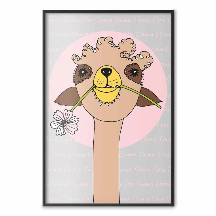 Fröhliche Lama - Braunes Tier mit Blume auf buntem Hintergrund