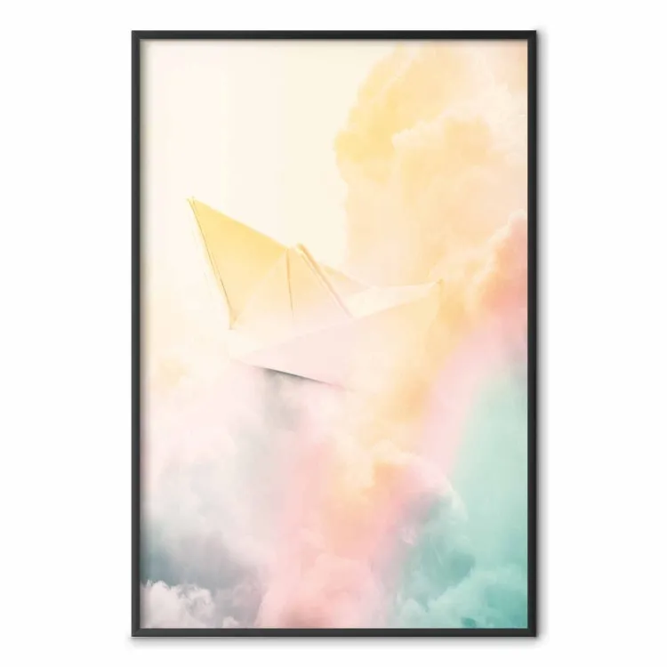 Origami - Papierschiff in Wolken aus farbenfrohem Regenbogenmotiv