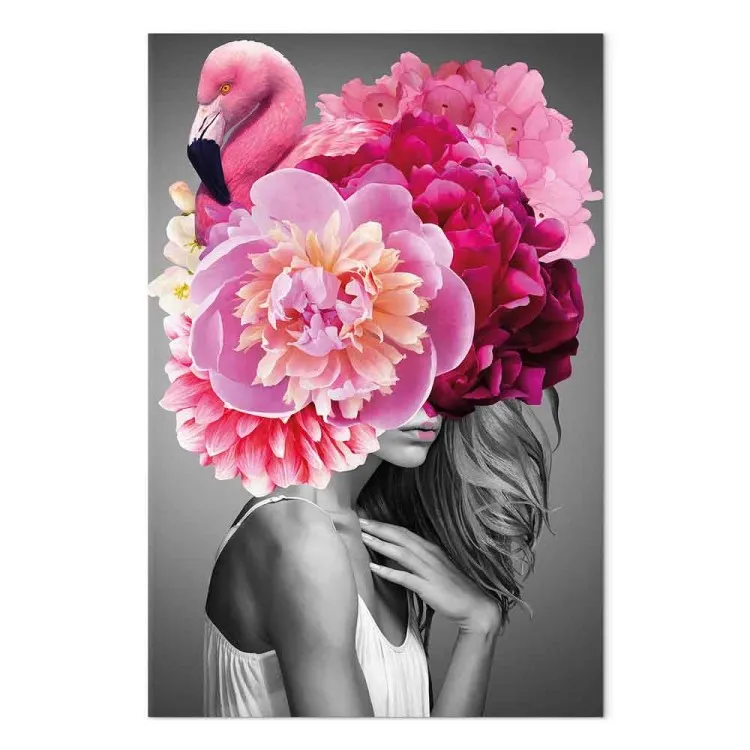 Flamingo-Girl (1-teilig) Hochformat - Frau mit Vogel und Pfingstrose