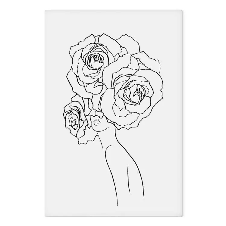 Rosen auf dem Kopf - lineare SW-Grafik mit einer Frauen-Silhouette