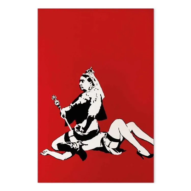 Königin von Banksy - Straßenkunst auf rotem Hintergrund