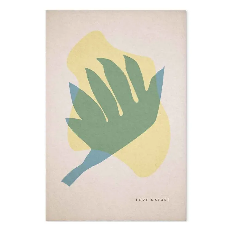 Liebe die Natur – eine pastellfarbenes Arrangement im skandinavischen Stil mit einem Blatt in Form eines aufsteigenden Vogels und einer Inschrift auf Englisch