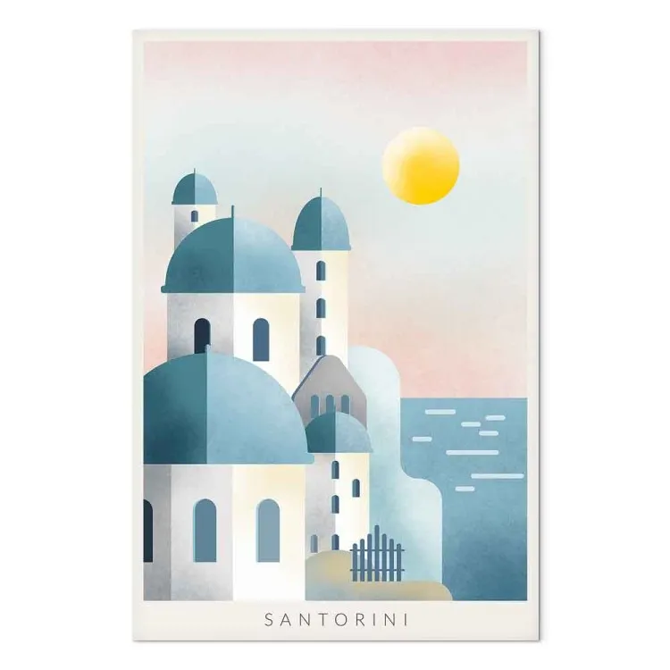 Griechisches Santorini – eine Landschaft mit der charakteristischen weißen Architektur der Insel Santorini und das Meer mit Inschriften
