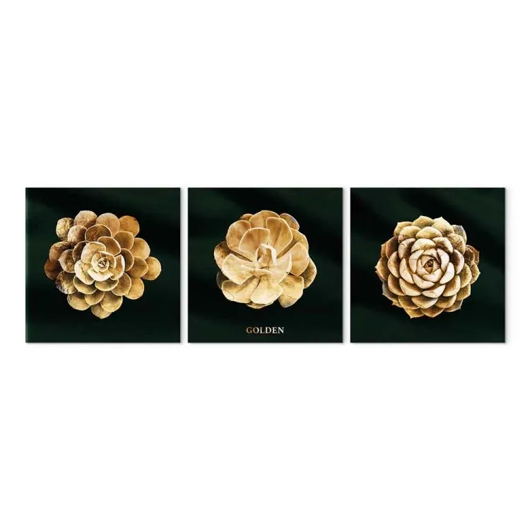 Kostbare Sukkulenten (3-teilig) - Goldene Blumen im Glamour-Stil