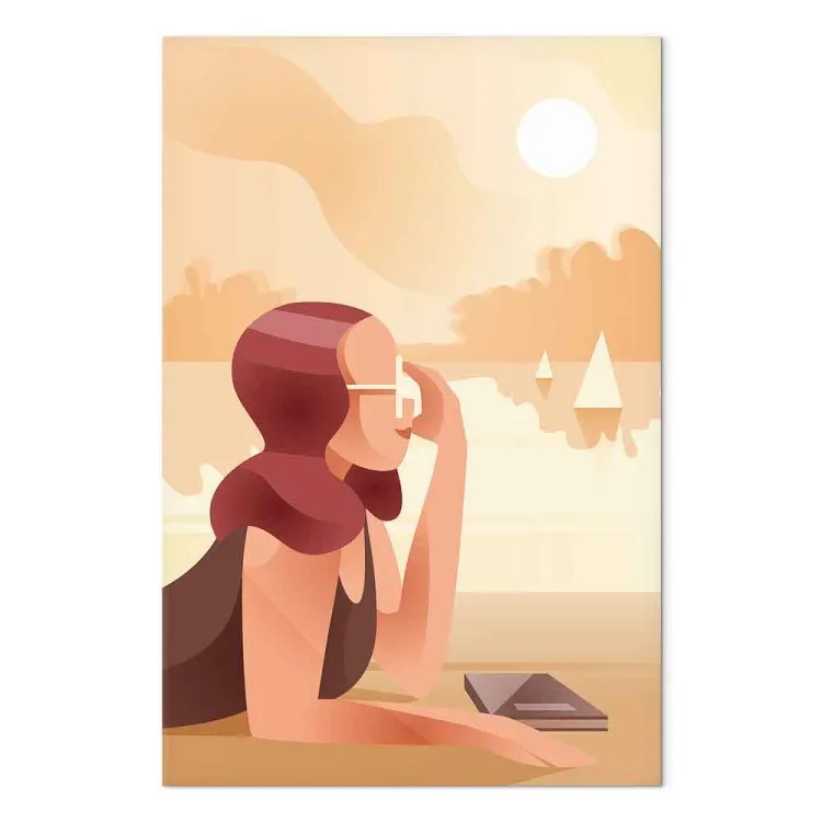 Frau am See - Kunstwerk mit Strand, Frauen-Silhouette und Segelbooten