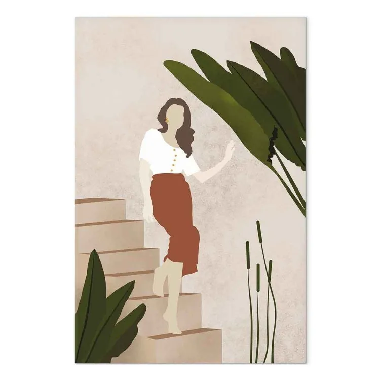 Frau, die eine Treppe hinuntergeht - Komposition im Scandi-Boho-Stil