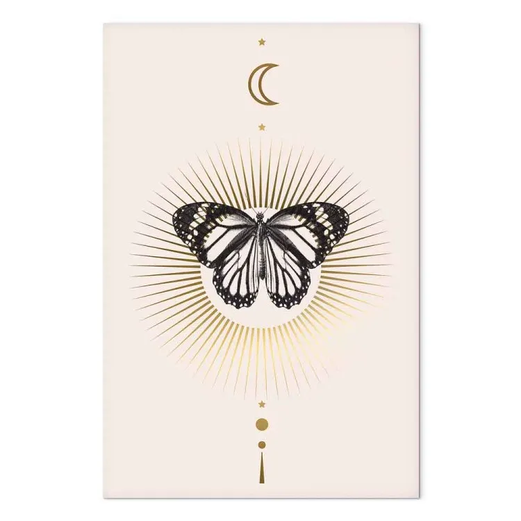 Schwarz-weißer Schmetterling auf einem Hintergrund mit der Sonne – eine Schmetterlingskomposition mit Mond, Sonne und Planeten des Sonnensystems