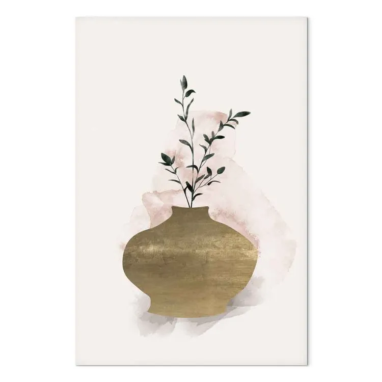 Braune Vase mit grünem Zweig - Stillleben im Scandi-Boho-Stil
