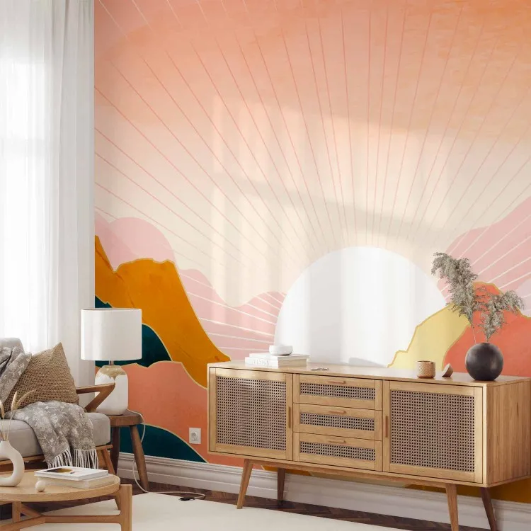 Sonnige Landschaft - Sonnenaufgang über Bergen in Rosa-Tönen