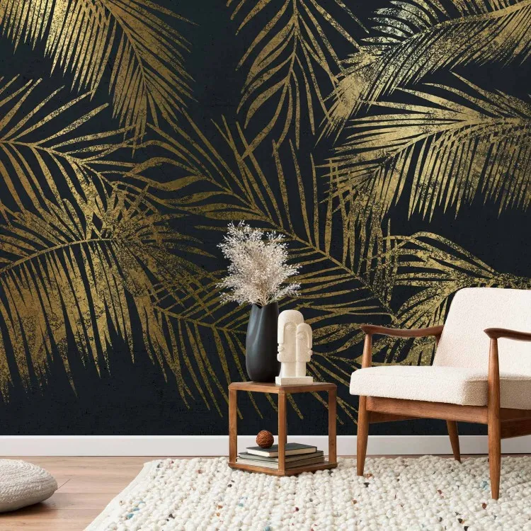 Tropische Natur - Pflanzenmotiv mit goldenen Palmen auf Blau