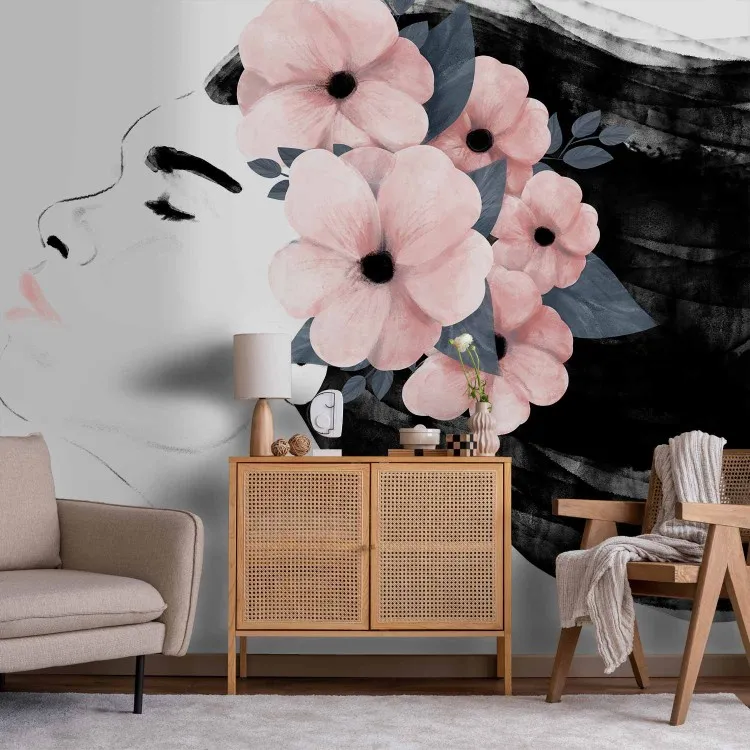 Weiblicher Charme - Komposition, die ein Gesicht und Blumen darstellt