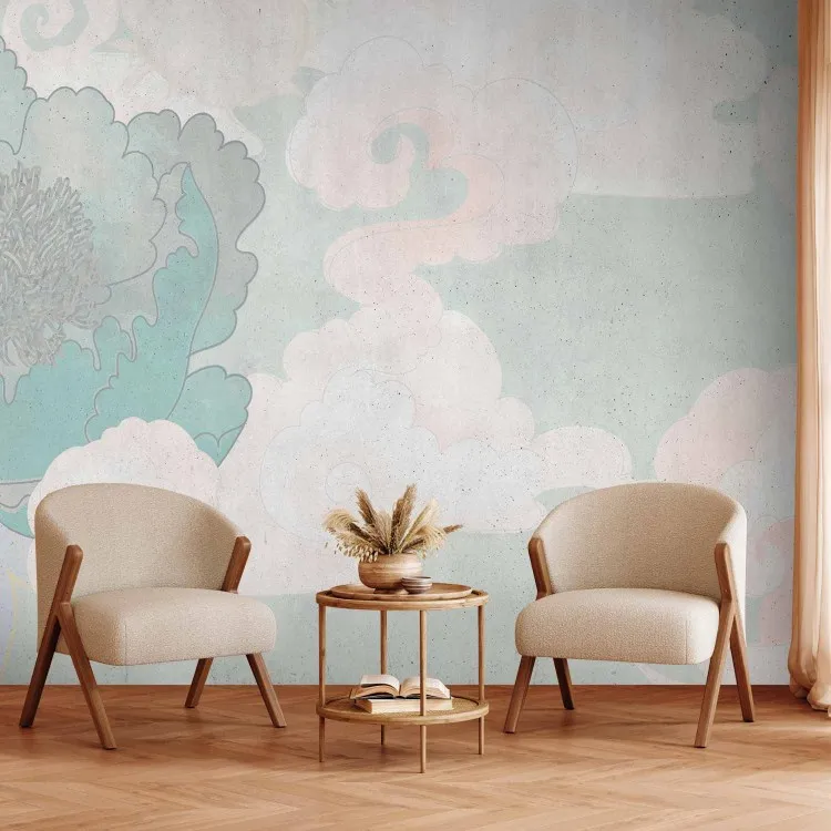 In den Wolken - Wolkenmotiv mit Blumenmuster im Japandi-Stil