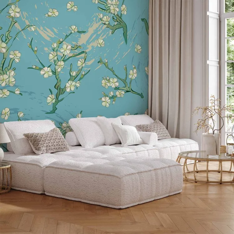 Blumen Asiens - Blühende Mandelbaumblüten auf blauem Hintergrund