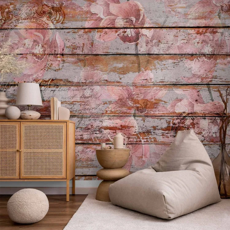 Gemalte Orchideen - Blumenmotiv auf altem Holzbretterhintergrund