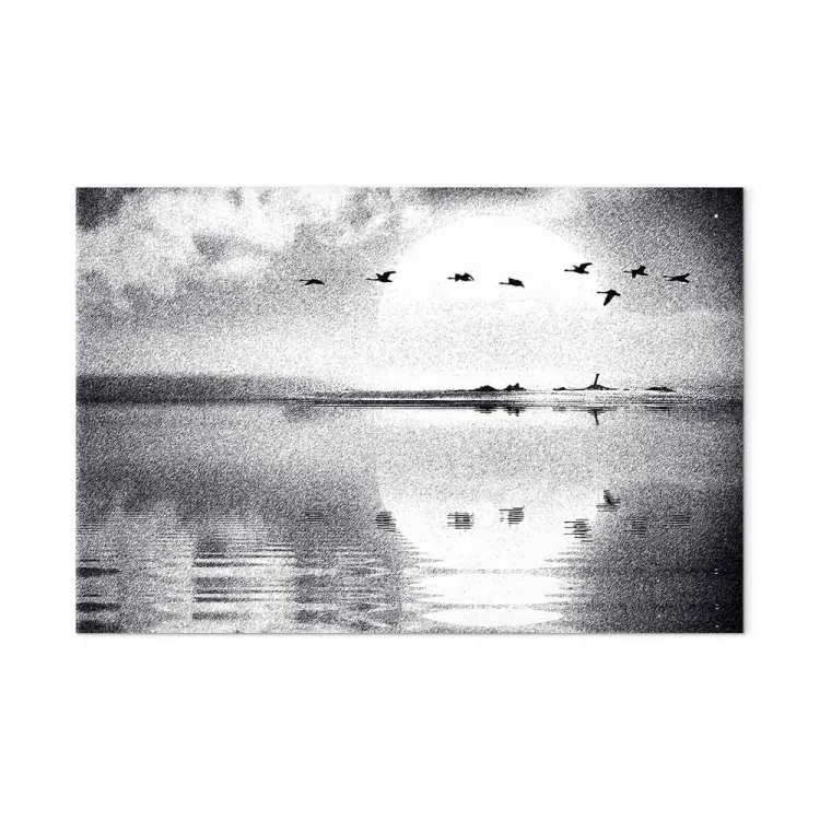 Vogelzug über dem See (1-teilig) Breit - Schwarz-weiße Landschaft