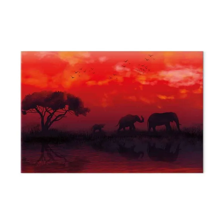 Afrikanische Landschaft (1-teilig) Breit - Elefanten und roter Himmel