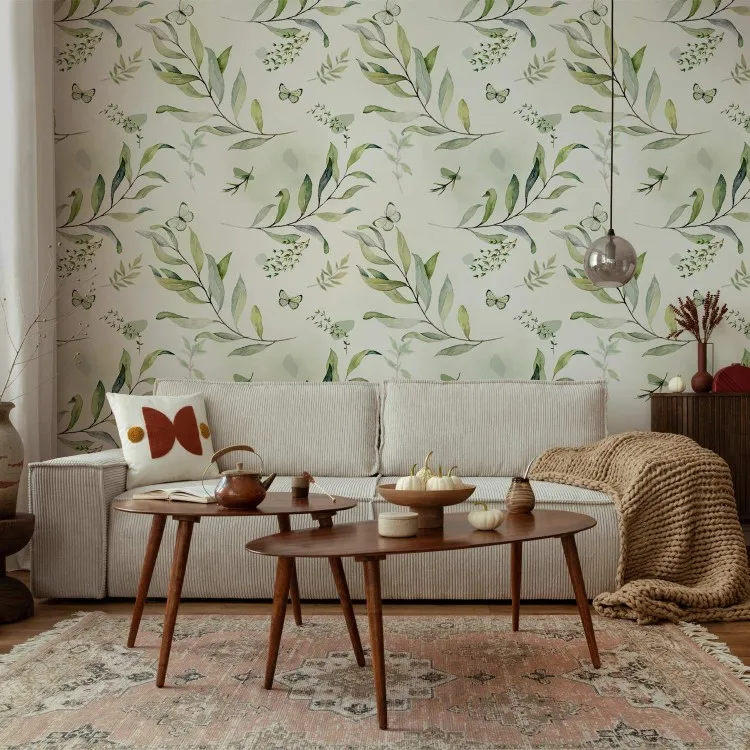 Butterflies Among the Leaves - Floral Motif With Green Branches
