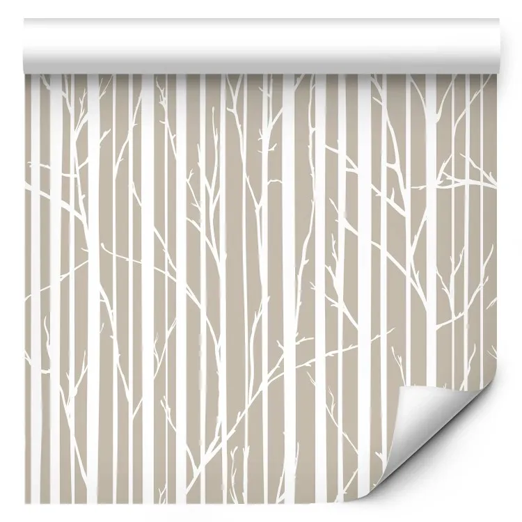 Forest Pattern - White Tree Trunks and Branches on a Beige Background
