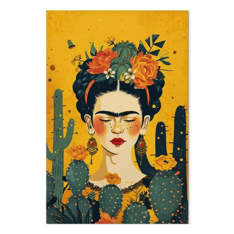Frida With Cacti - Portrait of the Painter on an Orange Background