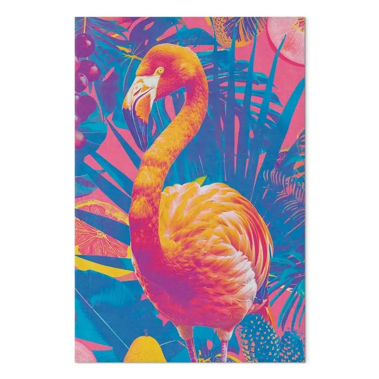 Colorful Flamingo - Exotic Bird Among Tropical Leaves and Juicy Fruits