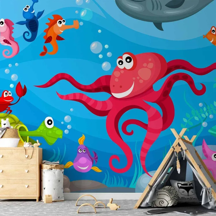 Unterwasserwelt - Meerestiere Schildkröte mit Fischen Krake und Hai